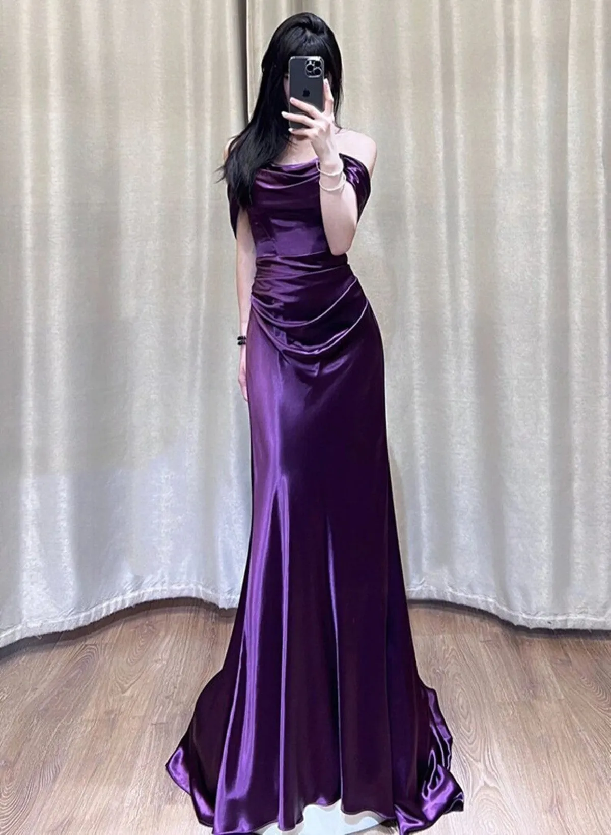 Solvbao Purple Satin Off Shoulder Long Evening Dress, Purple Satin Prom Dress