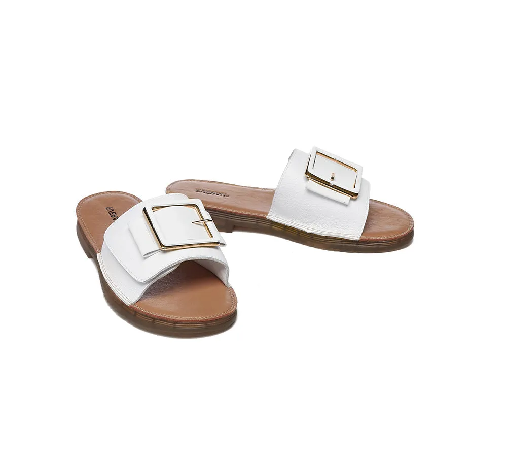 Women Leather Flats Buckle Top Ultra Soft Slides Summer Sandals Bera