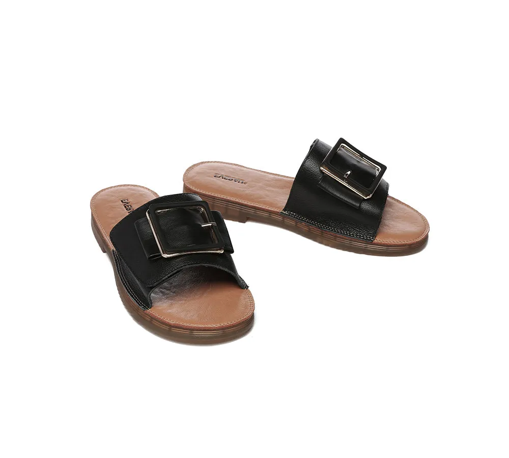 Women Leather Flats Buckle Top Ultra Soft Slides Summer Sandals Bera