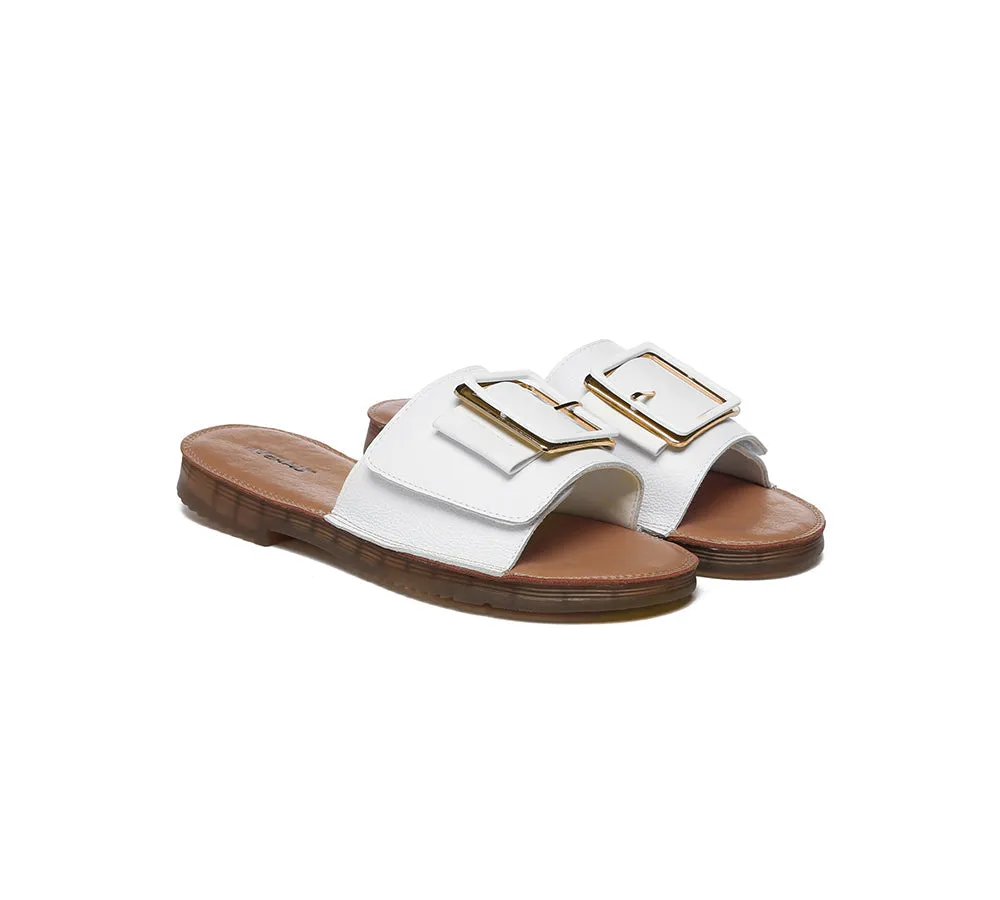 Women Leather Flats Buckle Top Ultra Soft Slides Summer Sandals Bera