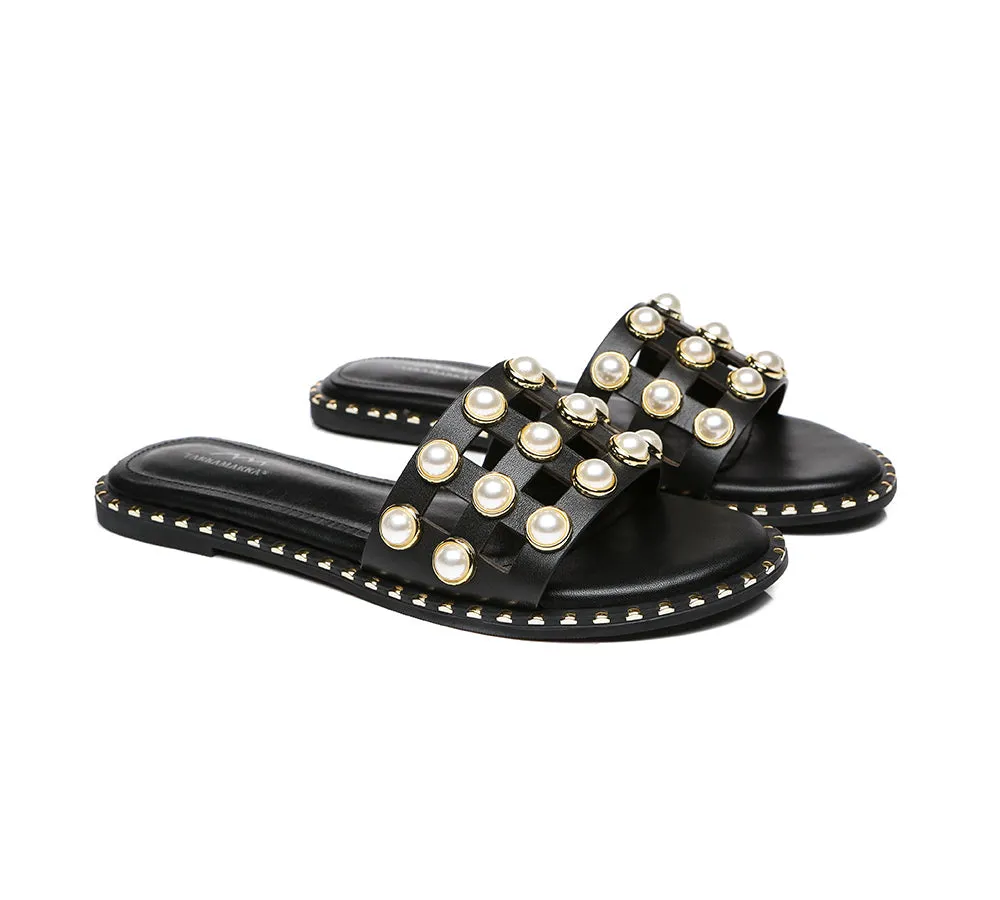 Women Leather Flats Slides With Pearls Junia