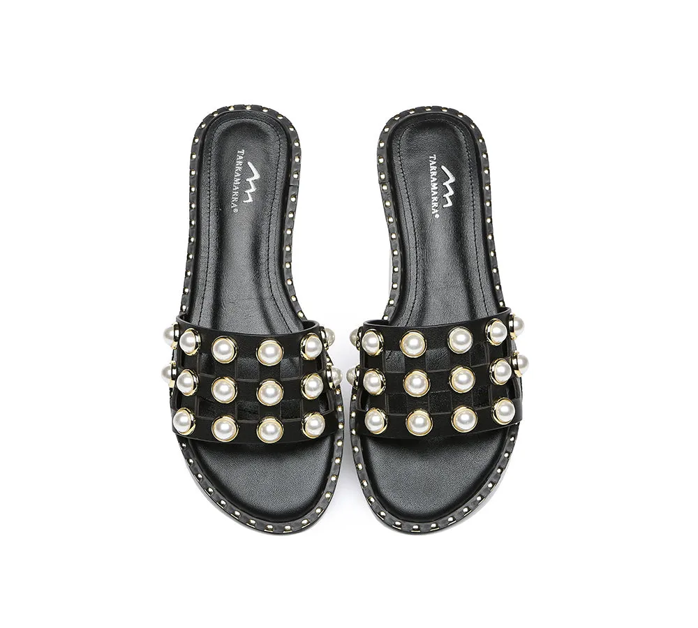 Women Leather Flats Slides With Pearls Junia