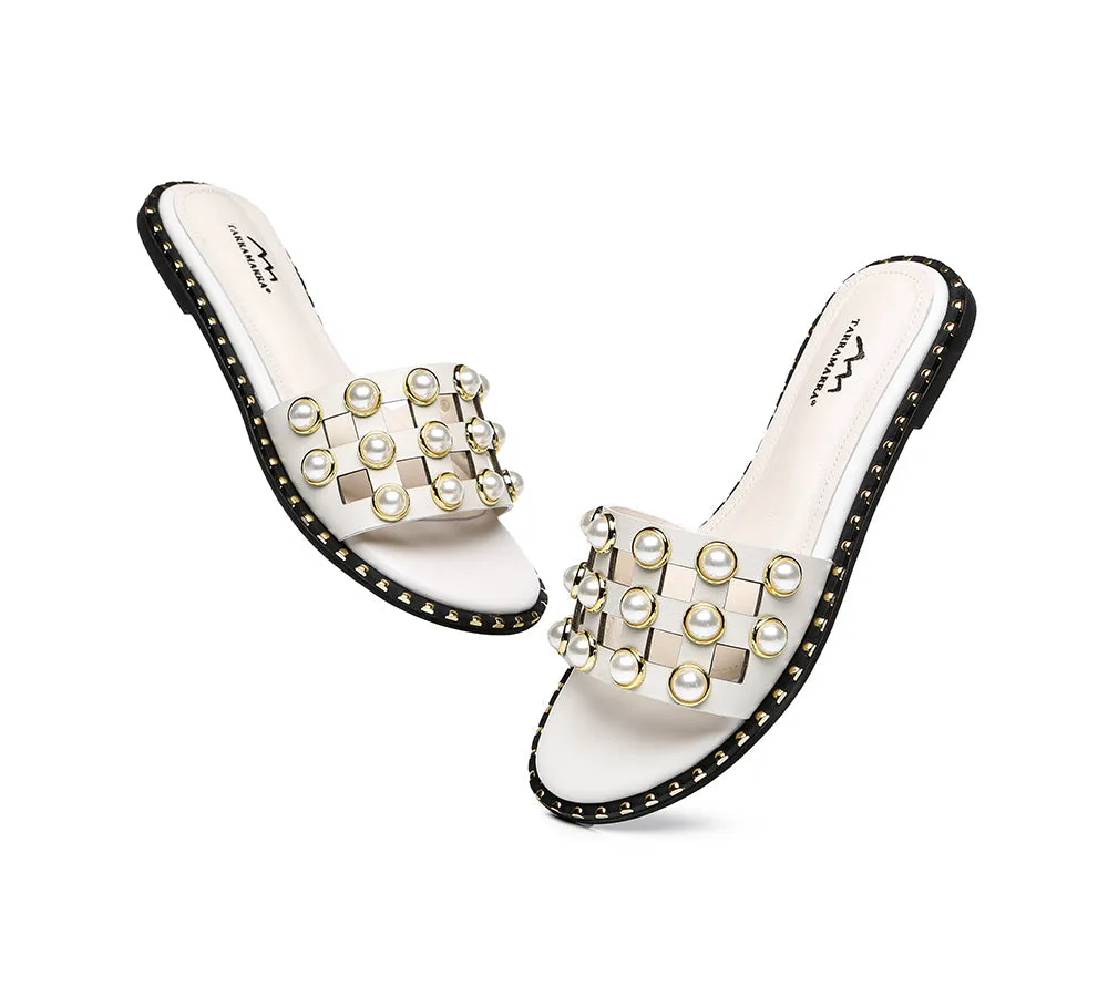 Women Leather Flats Slides With Pearls Junia