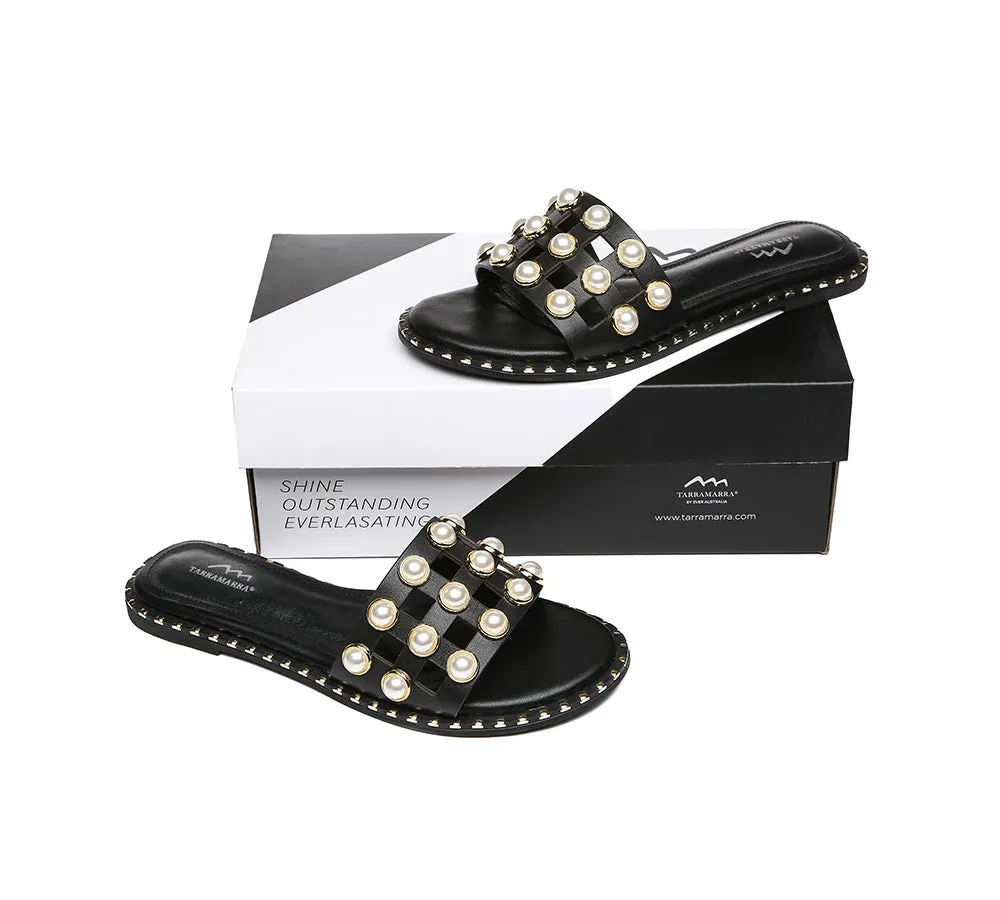 Women Leather Flats Slides With Pearls Junia