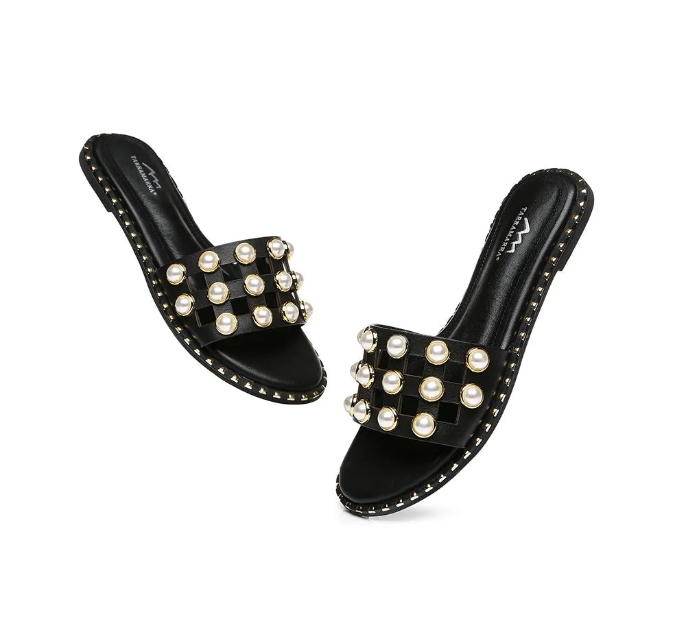 Women Leather Flats Slides With Pearls Junia